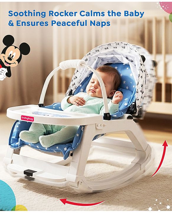 Babyhug Disney Mickey Mouse Rocking chair- Light Blue| Multi-Functional Rocker, Dining Chair, Walker, Cart & Seat| Reclining Seat| Infants & Toddlers of 0 to 3 Yrs| Wheels with Lock| Safety Harness
