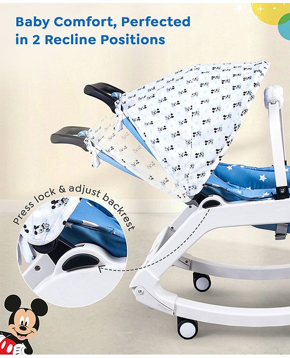 Babyhug Disney Mickey Mouse Rocking chair- Light Blue| Multi-Functional Rocker, Dining Chair, Walker, Cart & Seat| Reclining Seat| Infants & Toddlers of 0 to 3 Yrs| Wheels with Lock| Safety Harness