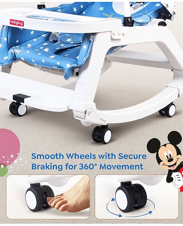 Babyhug Disney Mickey Mouse Rocking chair- Light Blue| Multi-Functional Rocker, Dining Chair, Walker, Cart & Seat| Reclining Seat| Infants & Toddlers of 0 to 3 Yrs| Wheels with Lock| Safety Harness