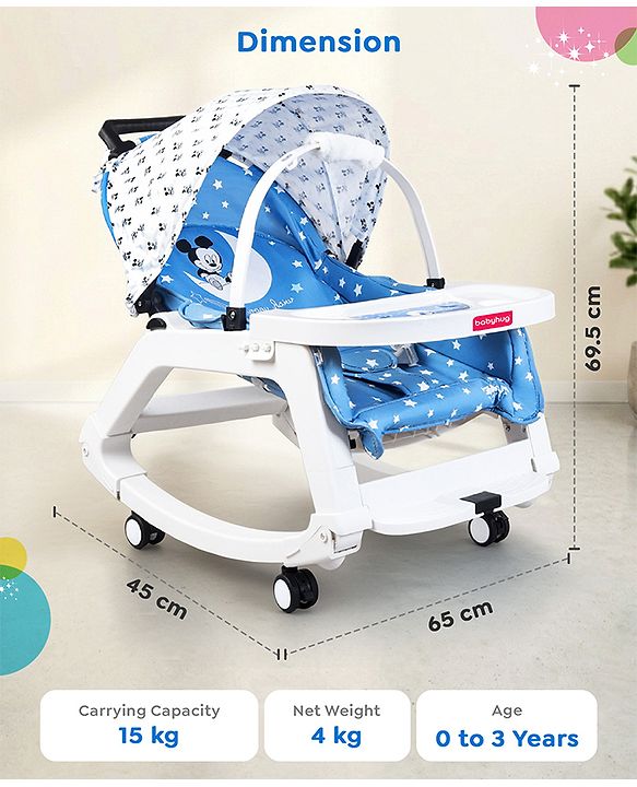 Babyhug Disney Mickey Mouse Rocking chair- Light Blue| Multi-Functional Rocker, Dining Chair, Walker, Cart & Seat| Reclining Seat| Infants & Toddlers of 0 to 3 Yrs| Wheels with Lock| Safety Harness