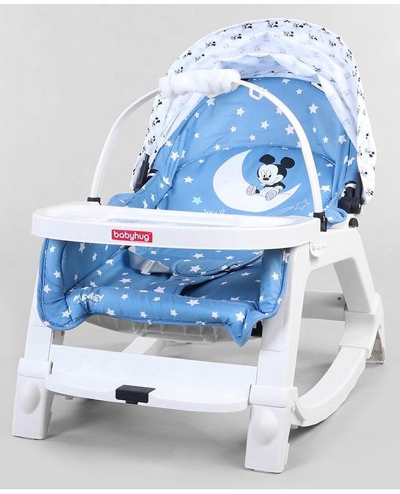 Babyhug Disney Mickey Mouse Rocking chair- Light Blue| Multi-Functional Rocker, Dining Chair, Walker, Cart & Seat| Reclining Seat| Infants & Toddlers of 0 to 3 Yrs| Wheels with Lock| Safety Harness