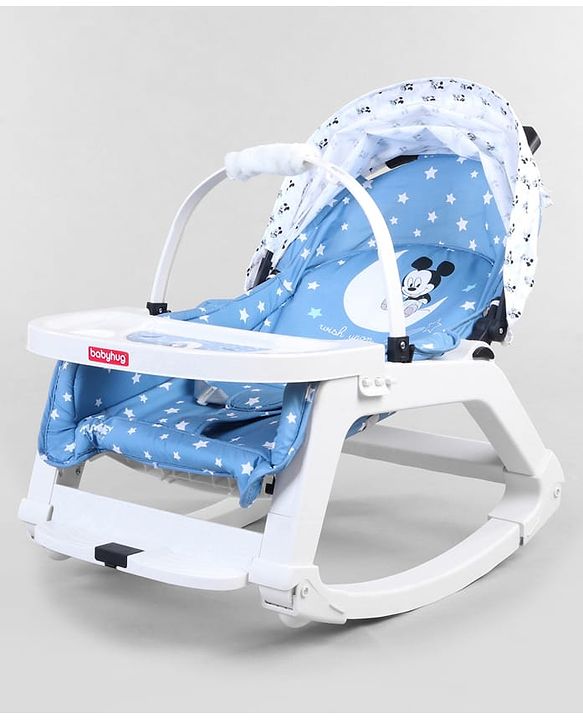 Babyhug Disney Mickey Mouse Rocking chair- Light Blue| Multi-Functional Rocker, Dining Chair, Walker, Cart & Seat| Reclining Seat| Infants & Toddlers of 0 to 3 Yrs| Wheels with Lock| Safety Harness