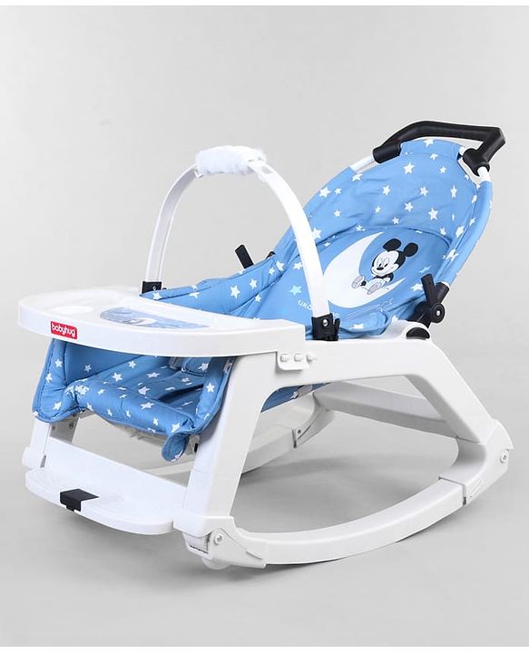 Babyhug Disney Mickey Mouse Rocking chair- Light Blue| Multi-Functional Rocker, Dining Chair, Walker, Cart & Seat| Reclining Seat| Infants & Toddlers of 0 to 3 Yrs| Wheels with Lock| Safety Harness