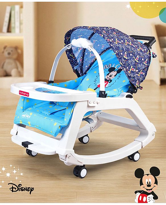 Babyhug Disney Mickey Mouse Rocking chair- Light Blue| Multi-Functional Rocker, Dining Chair, Walker, Cart & Seat| Reclining Seat| Infants & Toddlers of 0 to 3 Yrs| Wheels with Lock| Safety Harness
