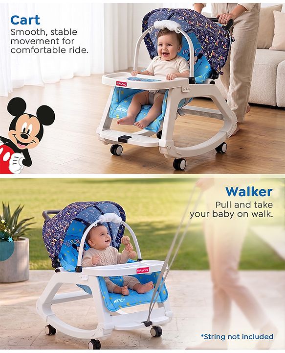 Babyhug Disney Mickey Mouse Rocking chair- Light Blue| Multi-Functional Rocker, Dining Chair, Walker, Cart & Seat| Reclining Seat| Infants & Toddlers of 0 to 3 Yrs| Wheels with Lock| Safety Harness