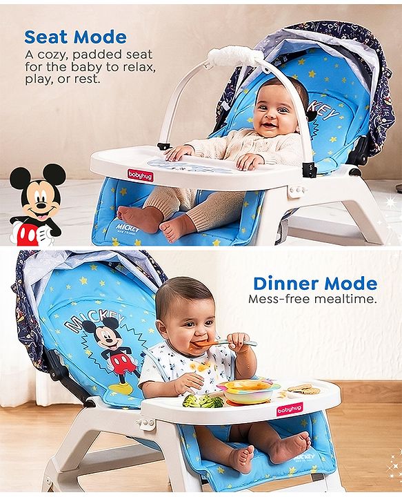 Babyhug Disney Mickey Mouse Rocking chair- Light Blue| Multi-Functional Rocker, Dining Chair, Walker, Cart & Seat| Reclining Seat| Infants & Toddlers of 0 to 3 Yrs| Wheels with Lock| Safety Harness