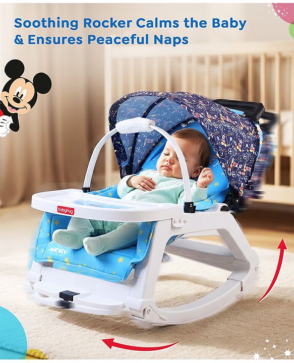 Babyhug Disney Mickey Mouse Rocking chair- Light Blue| Multi-Functional Rocker, Dining Chair, Walker, Cart & Seat| Reclining Seat| Infants & Toddlers of 0 to 3 Yrs| Wheels with Lock| Safety Harness