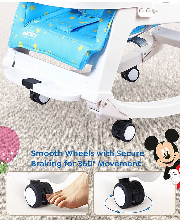 Babyhug Disney Mickey Mouse Rocking chair- Light Blue| Multi-Functional Rocker, Dining Chair, Walker, Cart & Seat| Reclining Seat| Infants & Toddlers of 0 to 3 Yrs| Wheels with Lock| Safety Harness