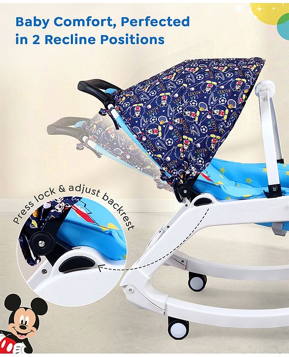 Babyhug Disney Mickey Mouse Rocking chair- Light Blue| Multi-Functional Rocker, Dining Chair, Walker, Cart & Seat| Reclining Seat| Infants & Toddlers of 0 to 3 Yrs| Wheels with Lock| Safety Harness