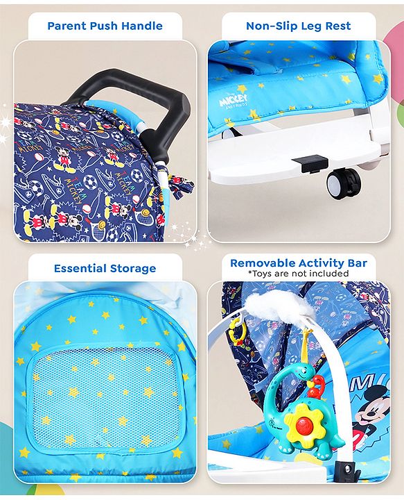 Babyhug Disney Mickey Mouse Rocking chair- Light Blue| Multi-Functional Rocker, Dining Chair, Walker, Cart & Seat| Reclining Seat| Infants & Toddlers of 0 to 3 Yrs| Wheels with Lock| Safety Harness