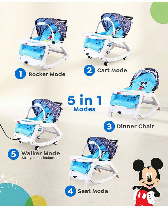 Babyhug Disney Mickey Mouse Rocking chair- Light Blue| Multi-Functional Rocker, Dining Chair, Walker, Cart & Seat| Reclining Seat| Infants & Toddlers of 0 to 3 Yrs| Wheels with Lock| Safety Harness