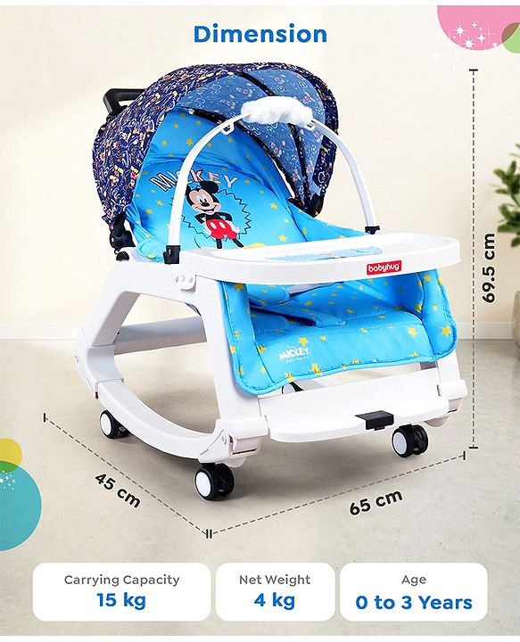 Babyhug Disney Mickey Mouse Rocking chair- Light Blue| Multi-Functional Rocker, Dining Chair, Walker, Cart & Seat| Reclining Seat| Infants & Toddlers of 0 to 3 Yrs| Wheels with Lock| Safety Harness