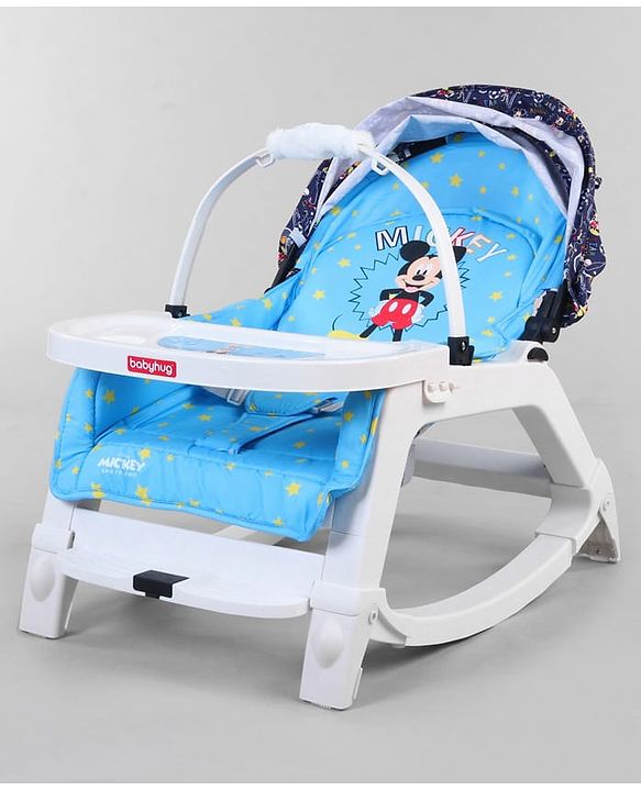 Babyhug Disney Mickey Mouse Rocking chair- Light Blue| Multi-Functional Rocker, Dining Chair, Walker, Cart & Seat| Reclining Seat| Infants & Toddlers of 0 to 3 Yrs| Wheels with Lock| Safety Harness