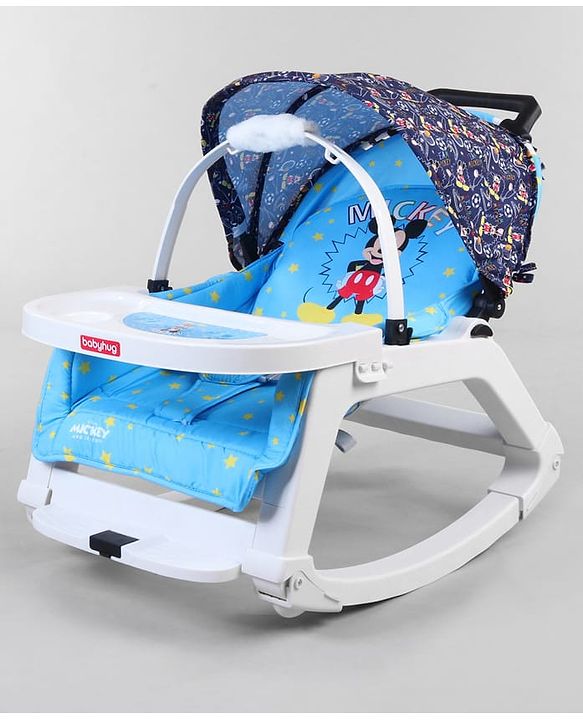 Babyhug Disney Mickey Mouse Rocking chair- Light Blue| Multi-Functional Rocker, Dining Chair, Walker, Cart & Seat| Reclining Seat| Infants & Toddlers of 0 to 3 Yrs| Wheels with Lock| Safety Harness