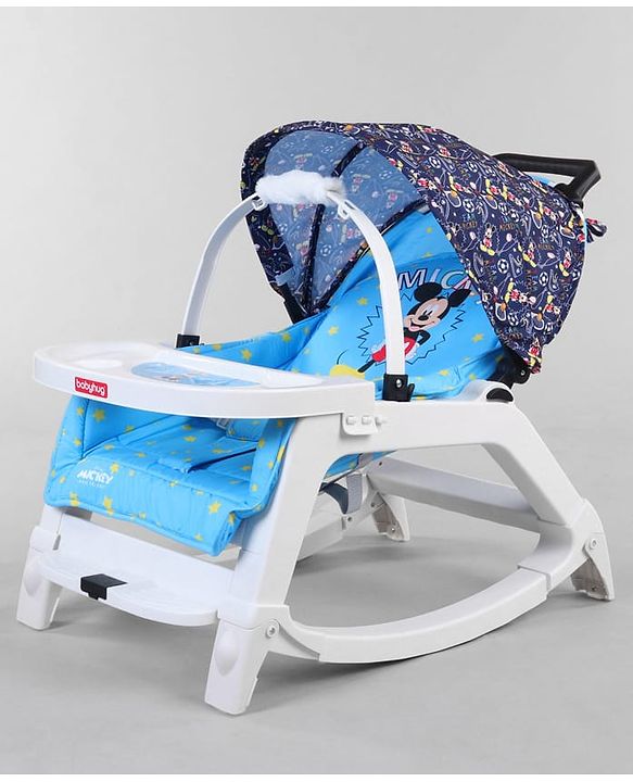 Babyhug Disney Mickey Mouse Rocking chair- Light Blue| Multi-Functional Rocker, Dining Chair, Walker, Cart & Seat| Reclining Seat| Infants & Toddlers of 0 to 3 Yrs| Wheels with Lock| Safety Harness