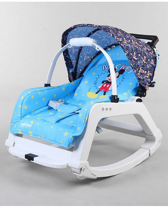 Babyhug Disney Mickey Mouse Rocking chair- Light Blue| Multi-Functional Rocker, Dining Chair, Walker, Cart & Seat| Reclining Seat| Infants & Toddlers of 0 to 3 Yrs| Wheels with Lock| Safety Harness