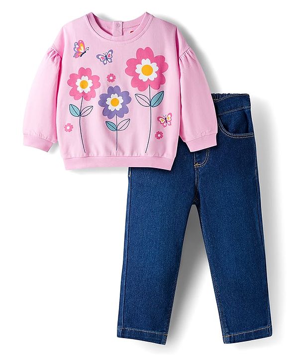 Babyhug Looper Knit Full Sleeves Rib at Neck Top & Jeans Set with Floral Print - Pink & Blue