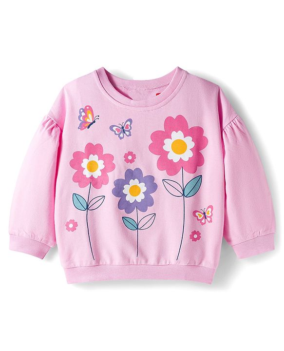 Babyhug Looper Knit Full Sleeves Rib at Neck Top & Jeans Set with Floral Print - Pink & Blue