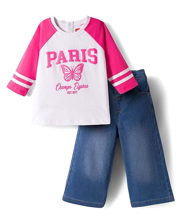 Babyhug Looper Knit Full Sleeves Top and Denim Jeans Set with Paris Text Print - Pink White & Blue