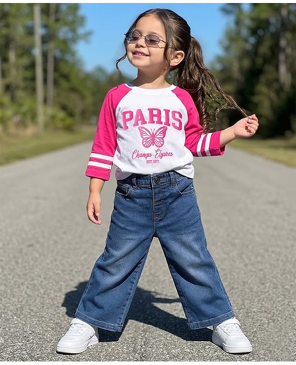 Babyhug Looper Knit Full Sleeves Top and Denim Jeans Set with Paris Text Print - Pink White & Blue