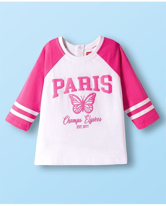 Babyhug Looper Knit Full Sleeves Top and Denim Jeans Set with Paris Text Print - Pink White & Blue