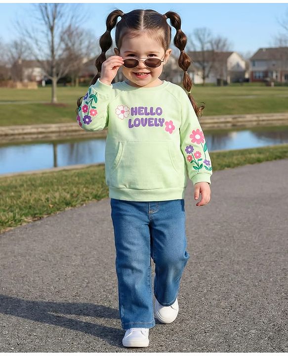 Babyhug Looper Knit Full Sleeves Rib at Neck Top & Jeans Set with Kangaroo Pocket & Floral Print - Light Green & Blue