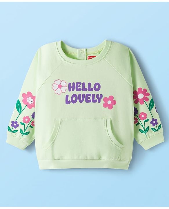 Babyhug Looper Knit Full Sleeves Rib at Neck Top & Jeans Set with Kangaroo Pocket & Floral Print - Light Green & Blue