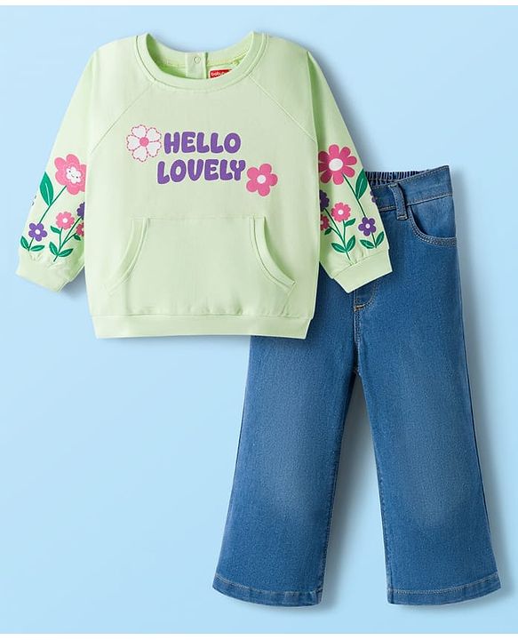 Babyhug Looper Knit Full Sleeves Rib at Neck Top & Jeans Set with Kangaroo Pocket & Floral Print - Light Green & Blue
