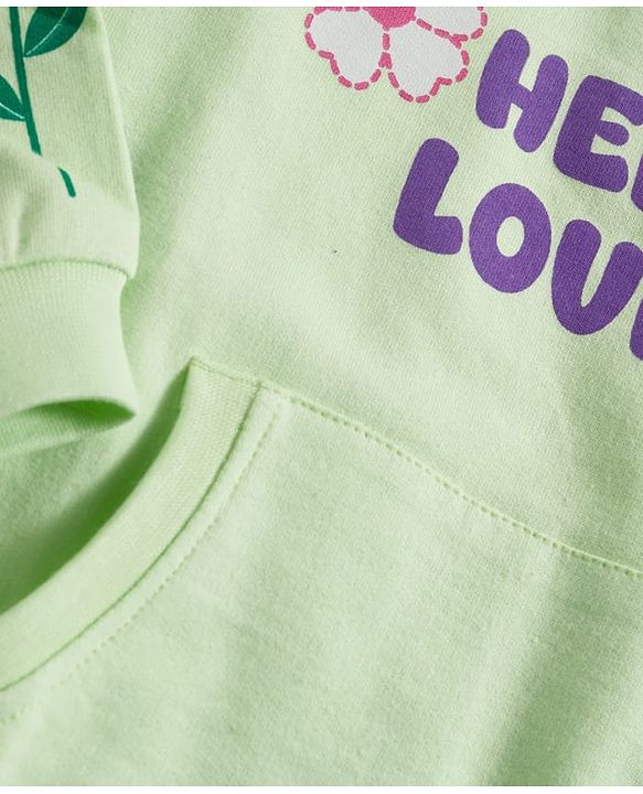 Babyhug Looper Knit Full Sleeves Rib at Neck Top & Jeans Set with Kangaroo Pocket & Floral Print - Light Green & Blue