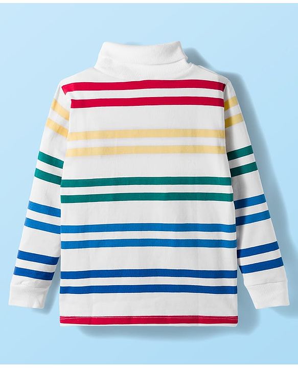 Babyhug Cotton Elastane Knit Full Sleeves Turtle Neck Winter T-Shirt with Stripes - White
