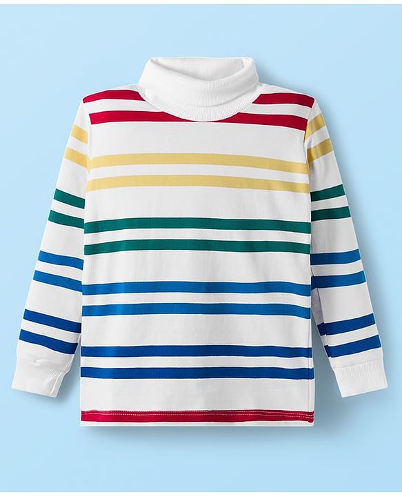 Babyhug Cotton Elastane Knit Full Sleeves Turtle Neck Winter T-Shirt with Stripes - White