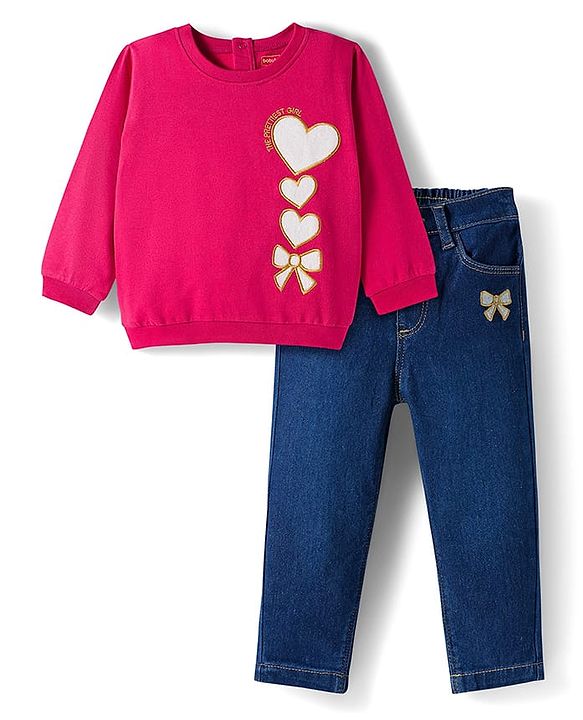 Babyhug Looper Knit Full Sleeves Rib at Neck Top & Jeans Set with Heart Print - Red & Blue