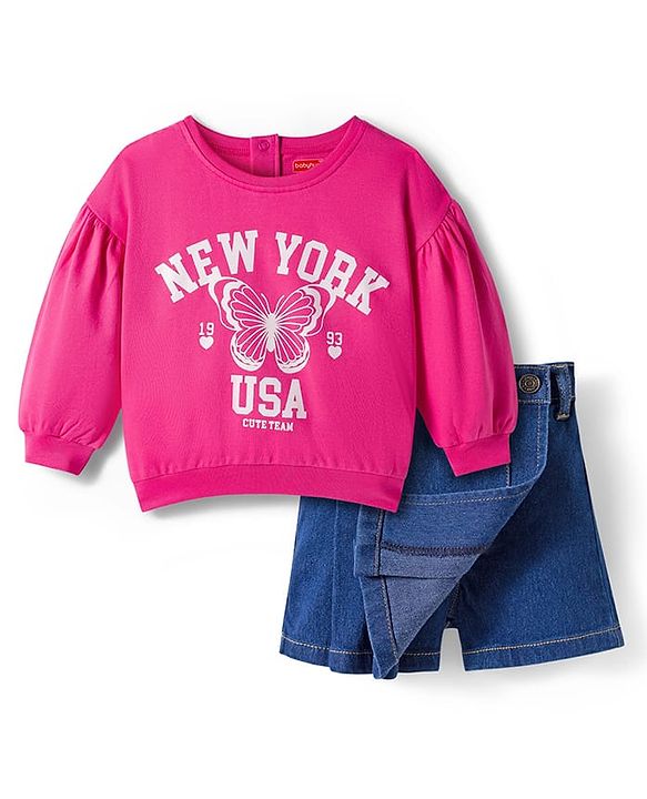 Babyhug Looper Knit Full Sleeves Knit Top and Skort Set With New York Text Print - Pink