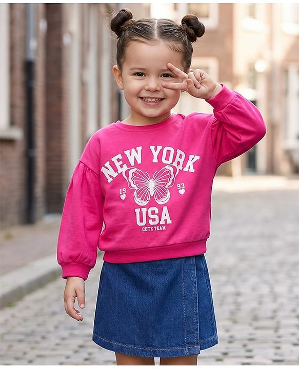 Babyhug Looper Knit Full Sleeves Knit Top and Skort Set With New York Text Print - Pink