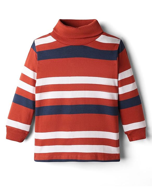 Babyhug Cotton Knit Full Sleeves Turtle Neck Winter T-Shirt with Stripes - Red