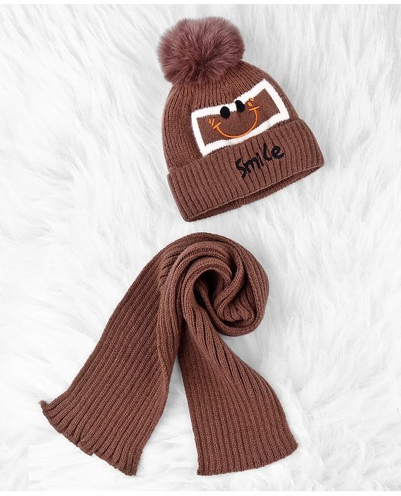 Babyhug Woolen Cap & Muffler Set With Smiley Motif Brown - 11.5 cm Diameter
