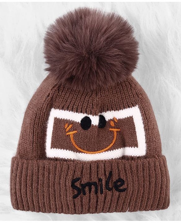 Babyhug Woolen Cap & Muffler Set With Smiley Motif Brown - 11.5 cm Diameter