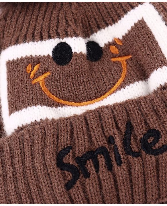 Babyhug Woolen Cap & Muffler Set With Smiley Motif Brown - 11.5 cm Diameter