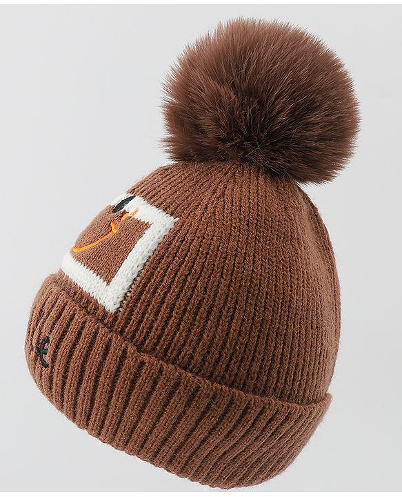 Babyhug Woolen Cap & Muffler Set With Smiley Motif Brown - 11.5 cm Diameter
