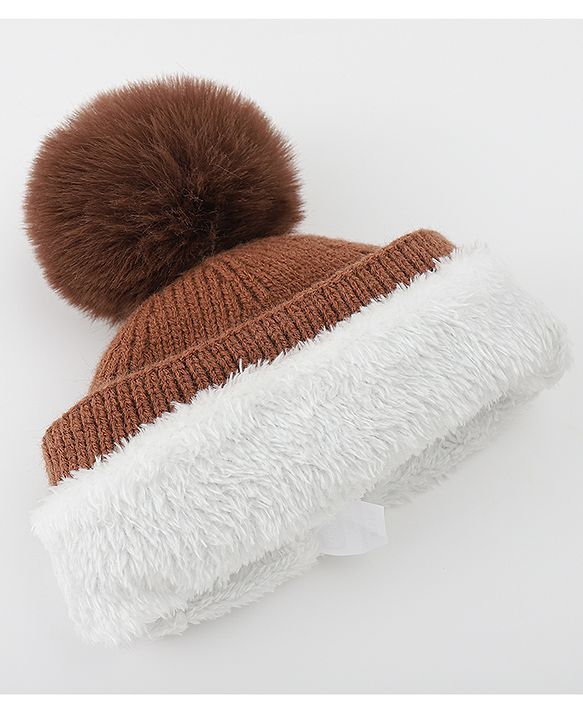 Babyhug Woolen Cap & Muffler Set With Smiley Motif Brown - 11.5 cm Diameter