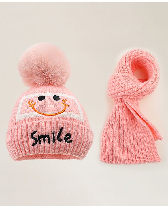 Babyhug Woolen Cap & Muffler Set With Smiley Motif Brown - 11.5 cm Diameter