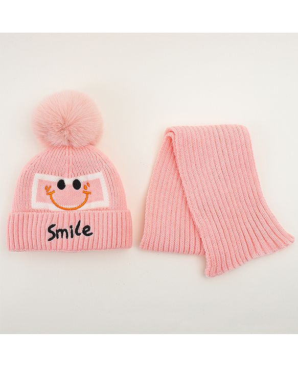 Babyhug Woolen Cap & Muffler Set With Smiley Motif Brown - 11.5 cm Diameter