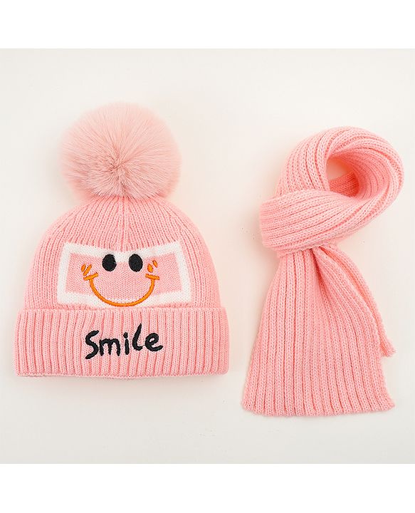 Babyhug Woolen Cap & Muffler Set With Smiley Motif Brown - 11.5 cm Diameter