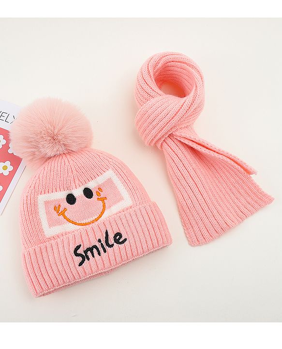 Babyhug Woolen Cap & Muffler Set With Smiley Motif Brown - 11.5 cm Diameter