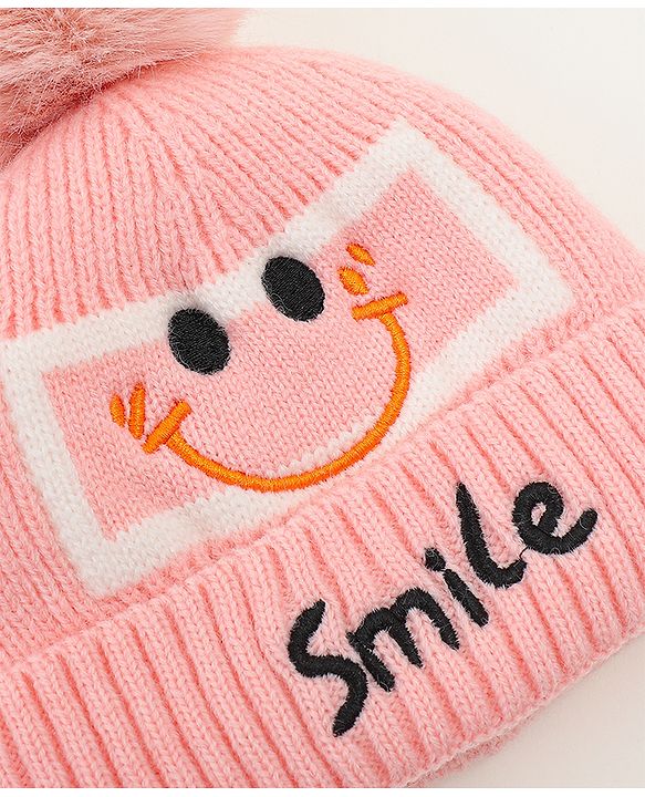 Babyhug Woolen Cap & Muffler Set With Smiley Motif Brown - 11.5 cm Diameter