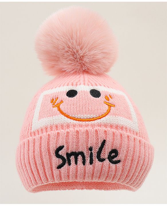 Babyhug Woolen Cap & Muffler Set With Smiley Motif Brown - 11.5 cm Diameter