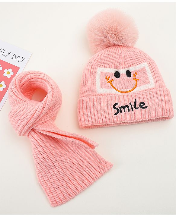 Babyhug Woolen Cap & Muffler Set With Smiley Motif Brown - 11.5 cm Diameter