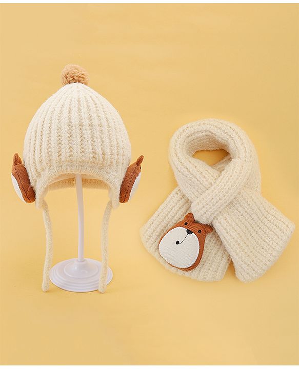Babyhug Woolen Cap & Muffler Set With Animal Applique Beige - 15 cm Diameter