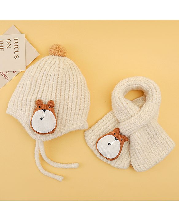 Babyhug Woolen Cap & Muffler Set With Animal Applique Beige - 15 cm Diameter