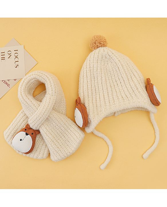 Babyhug Woolen Cap & Muffler Set With Animal Applique Beige - 15 cm Diameter